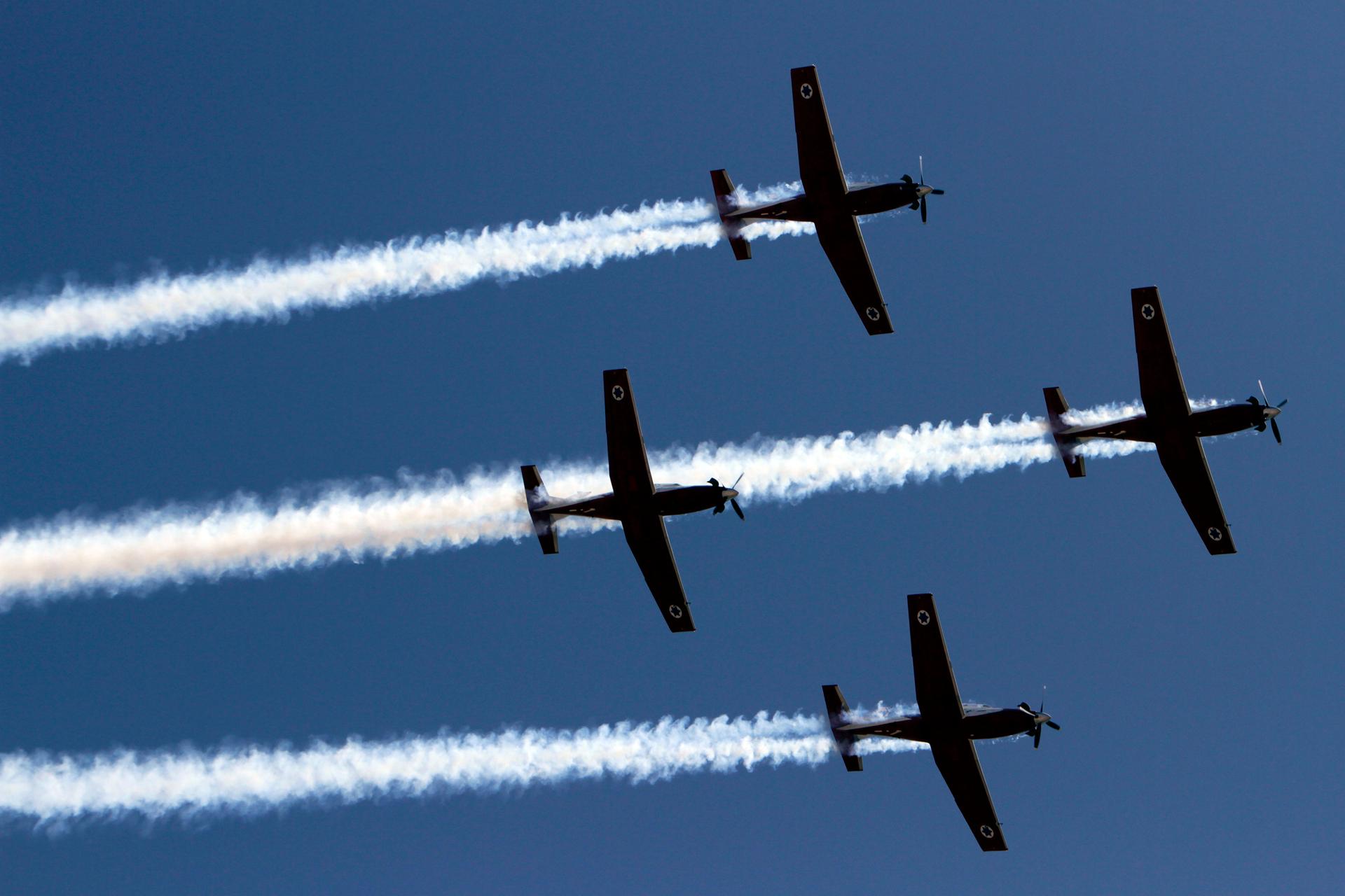 Israeli Air Force planes in formation over Jerusalem during a display for Israeli Independence Day.