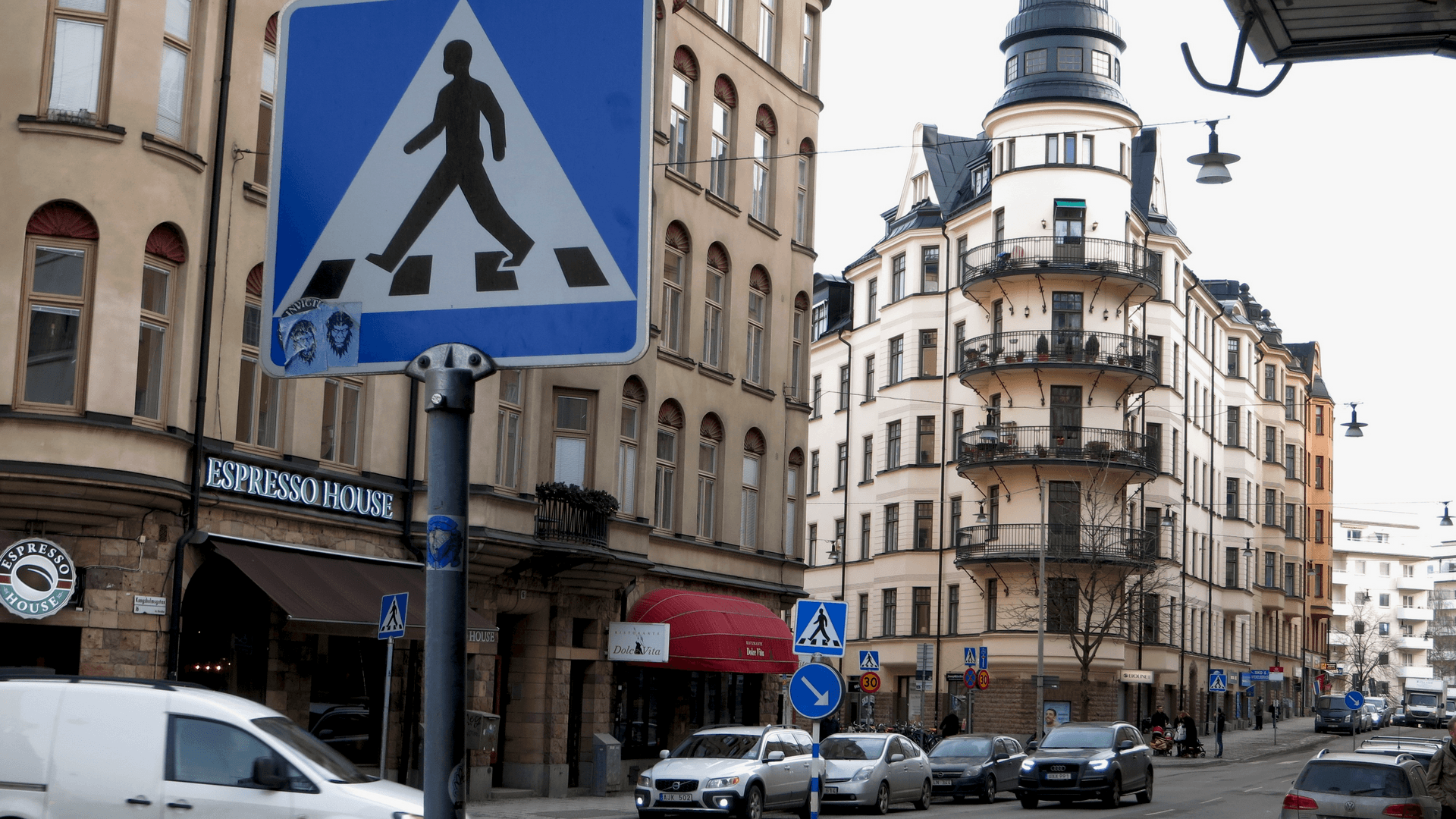 Ample streets signs mark pedestrian crossings in Stockholm. 