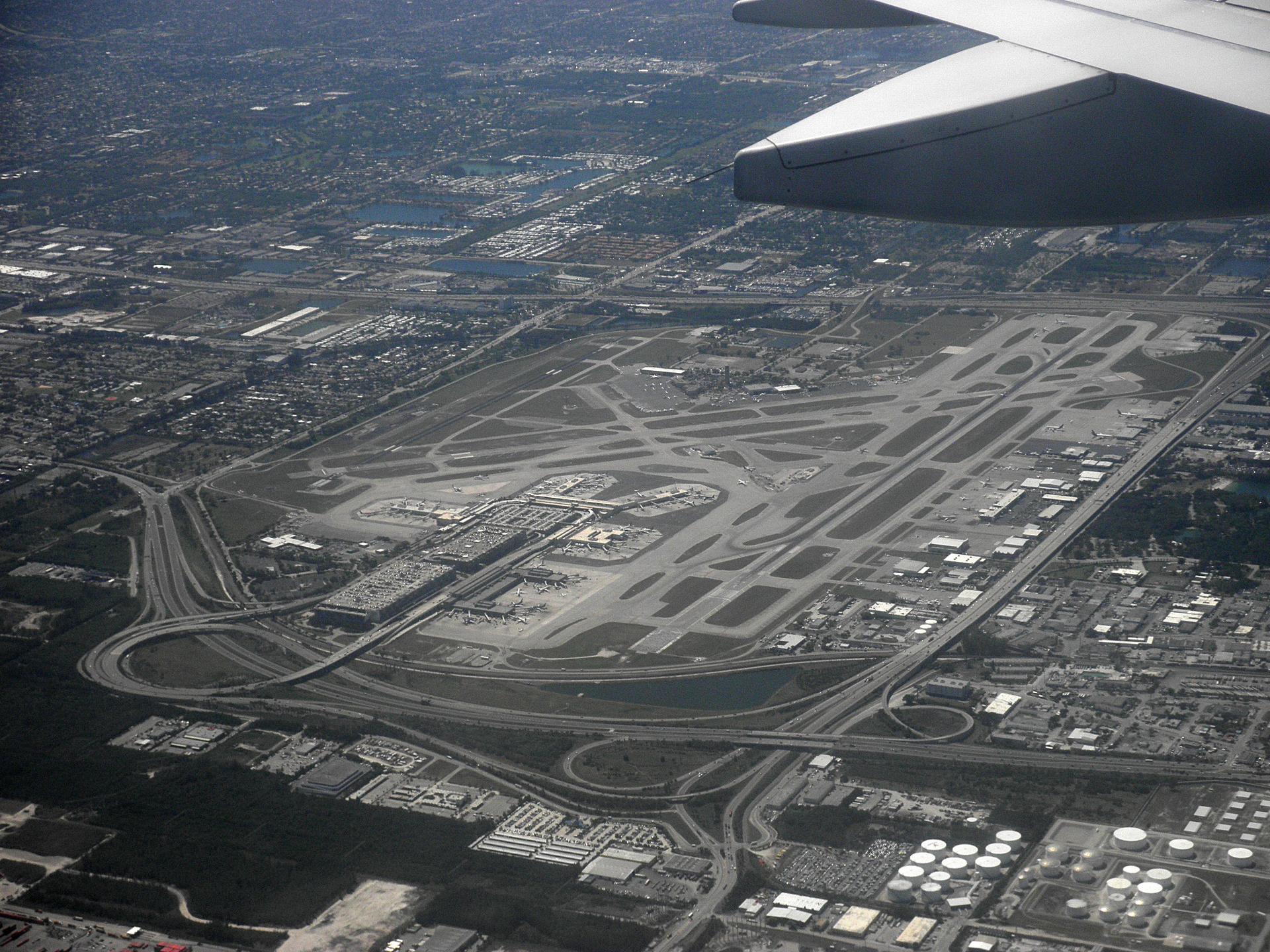 Fort Lauderdale-Hollywood International Airport seen from the air as a plane is about to land.