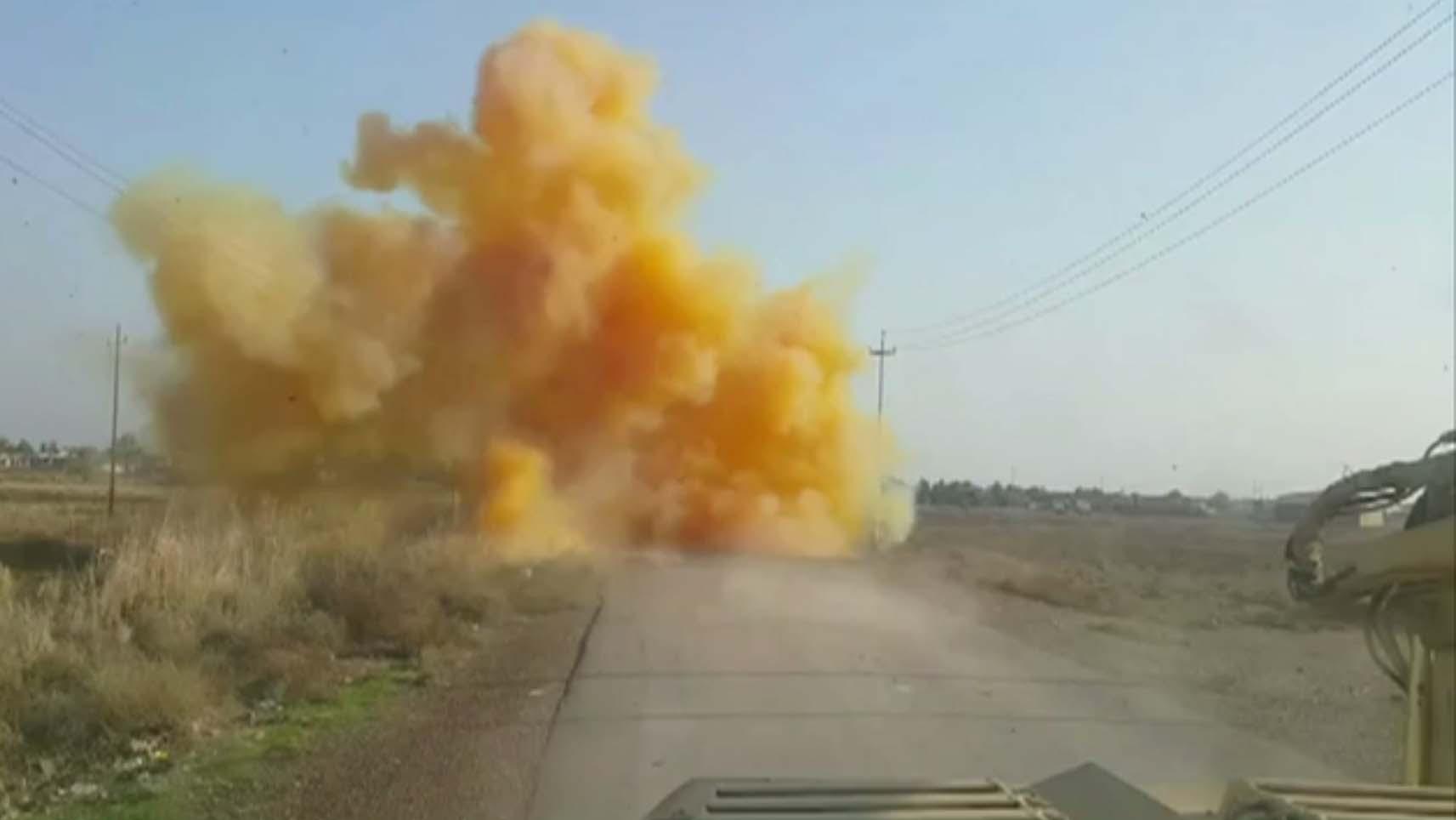 The Iraqi army destroys what it says is an IED planted by ISIS containing chlorine gas in March 2015.