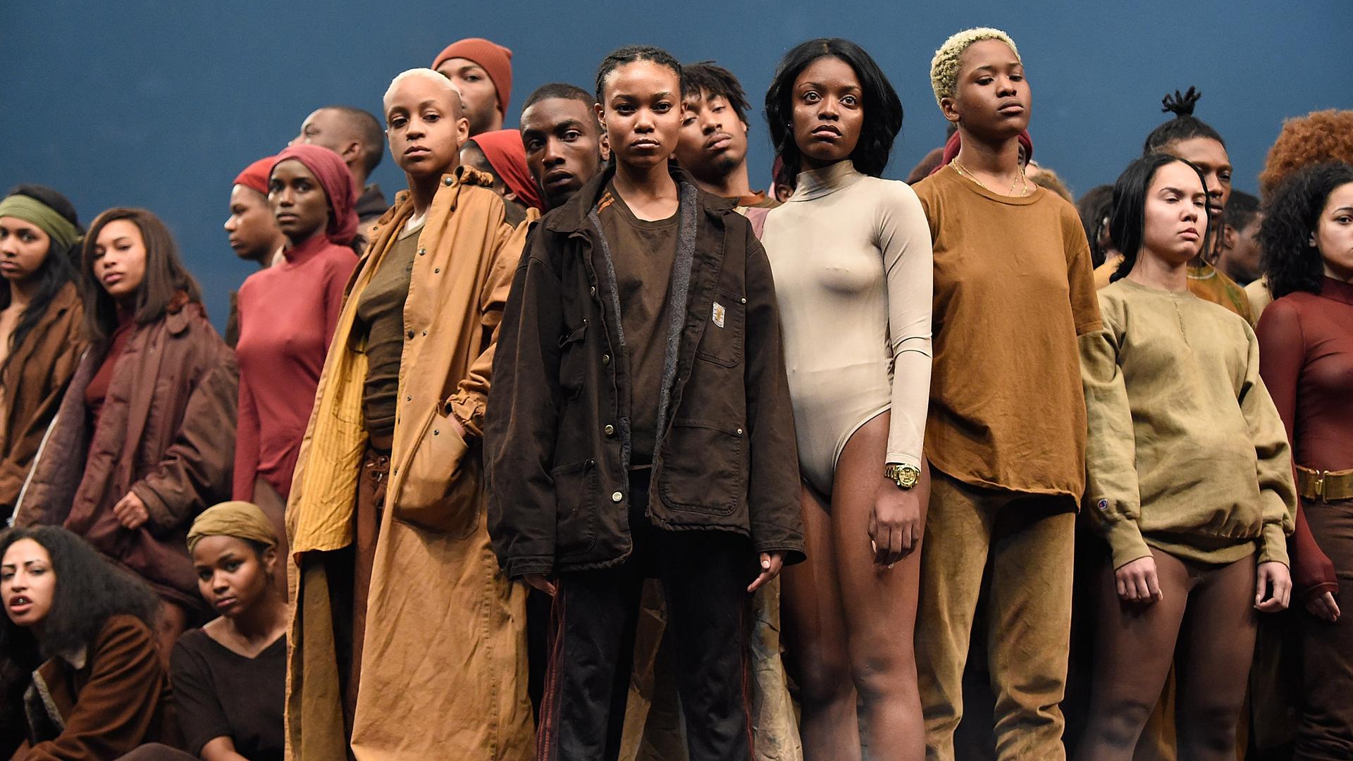 Models pose during Kanye West Yeezy Season 3 at Madison Square Garden on February 11, 2016 in New York City.
