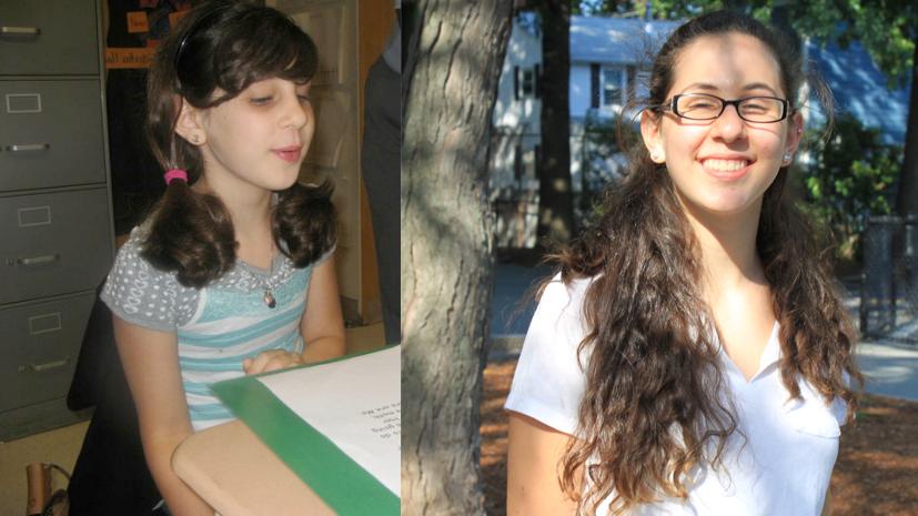 Gilli Danenberg in second grade (L) when she first arrived in the US from Israel at the age of seven, and Gilli now, age 14.