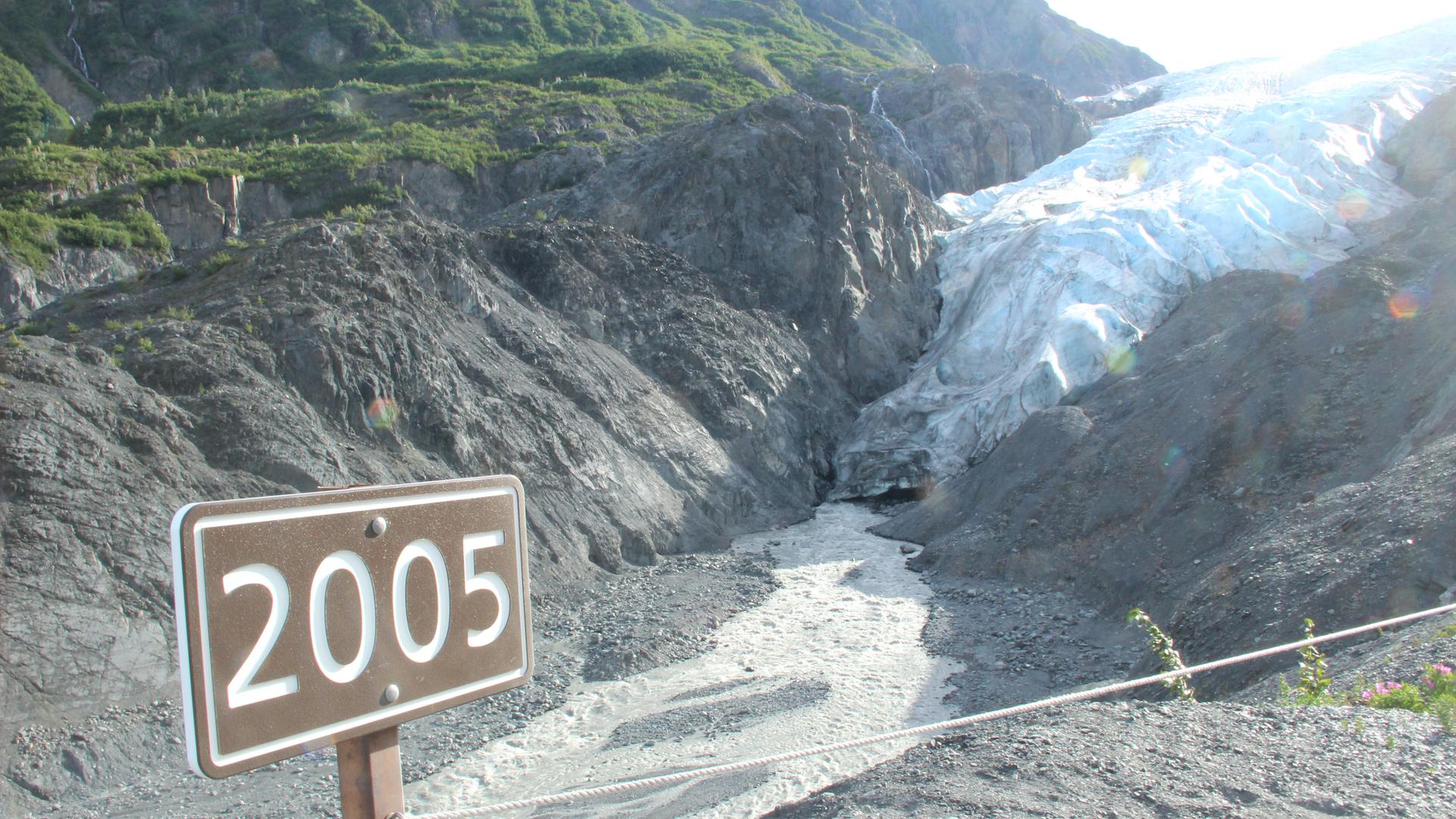 The Exit Glacier, a two-and-a-half hour drive outside of Anchorage, has posts that mark the glacier’s rapid retreat. This one shows the glacier’s reach just 12 years ago. 