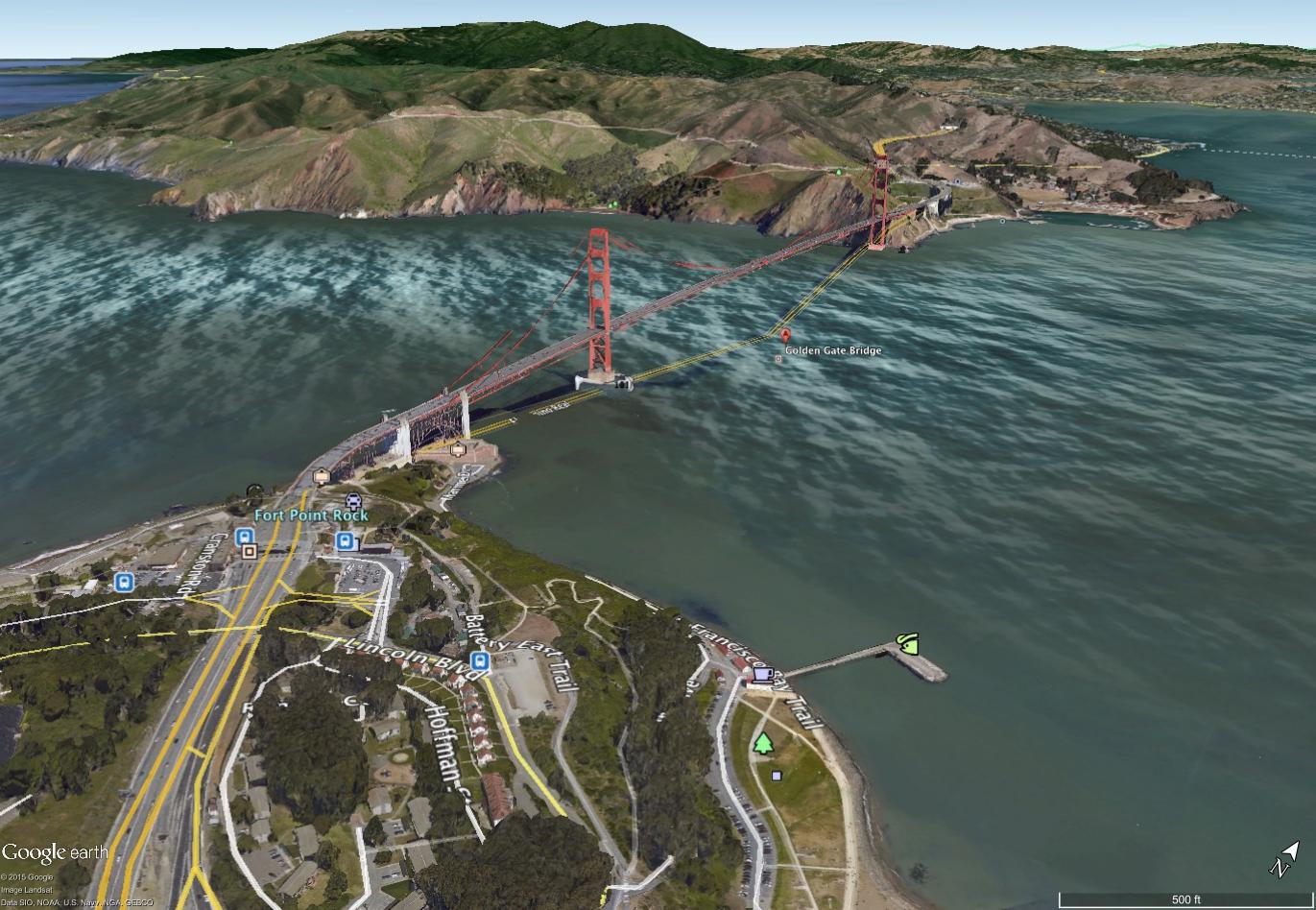 A Google Maps image of the Golden Gate Bridge in San Franciso.