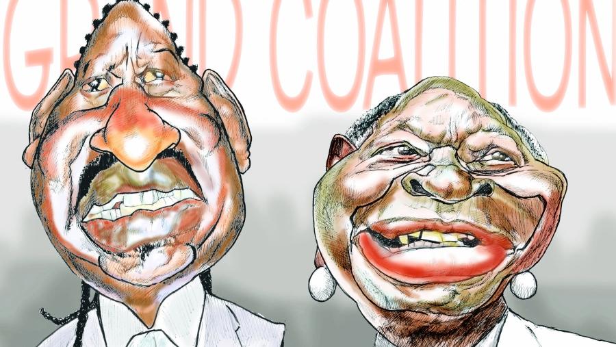Patrick Gathara drew this cartoon in 2009 to note the one-year anniversary of a power-sharing agreement between President Mwai Kibaki (R) and Raila Odinga (L). Gay marriage was in the news in Kenya because two Kenyan men had recently married in Britain. G