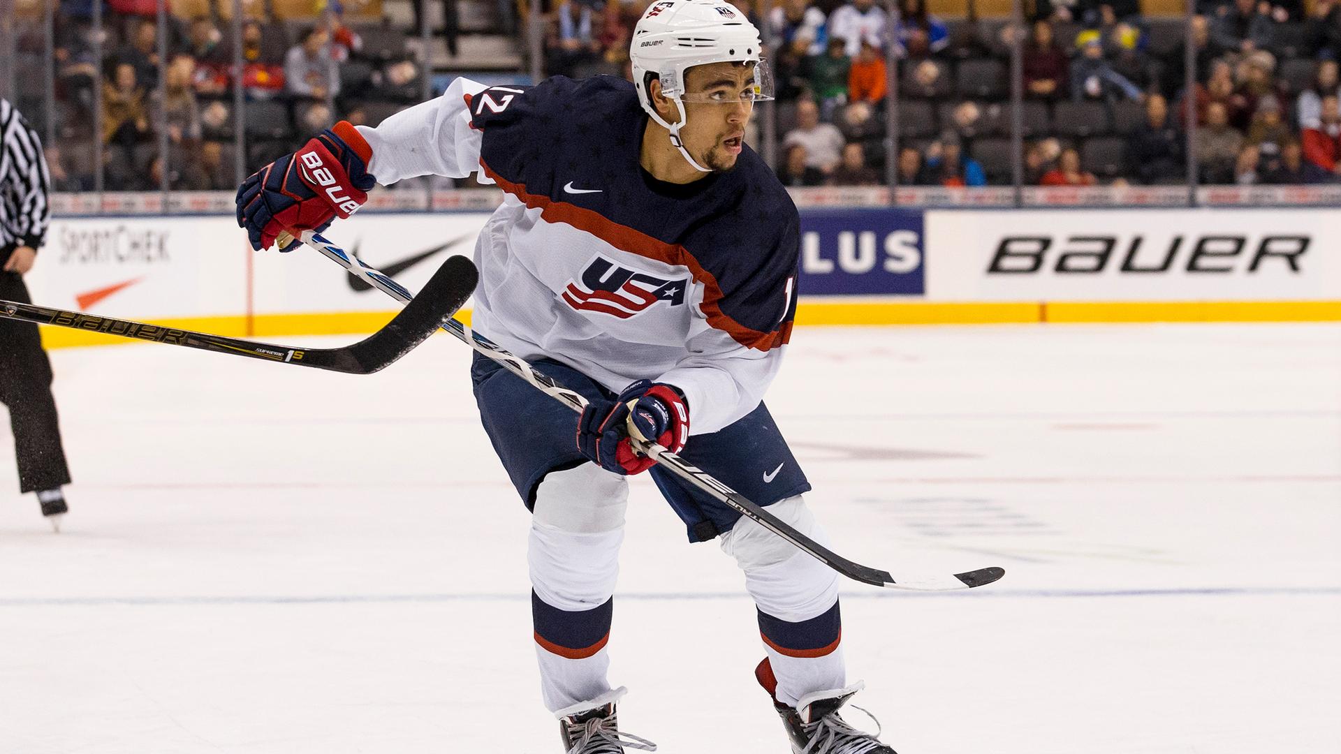 Jordan Greenway will become the first black ice hockey player to skate for Team USA at the Olympics, pictured here at the IIHF World Junior Championship on Dec. 28, 2016.