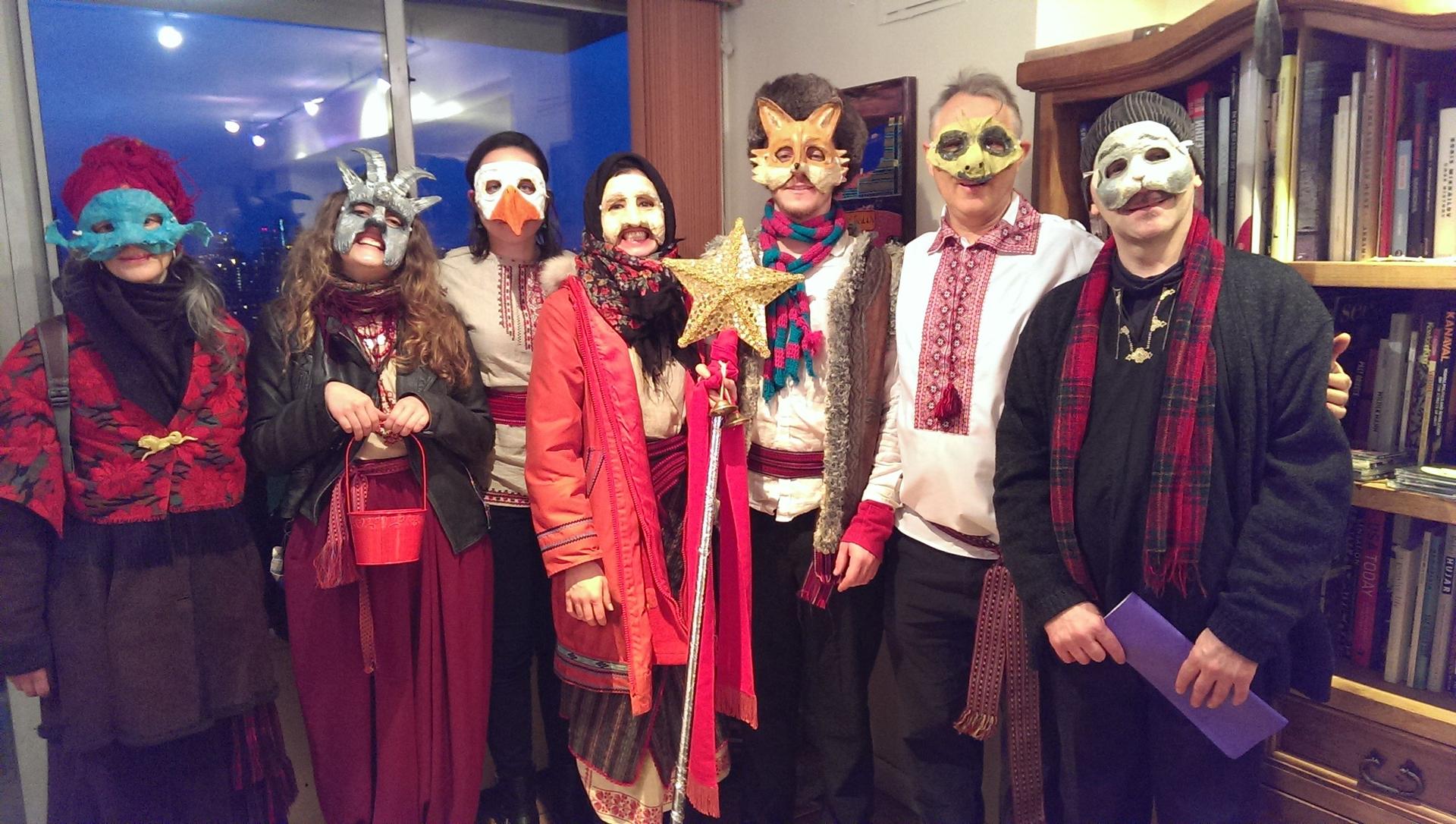 Brian Dolphin (in fox mask) and his music group Ukrainian Village Voices. The group went caroling door to door to celebrate Koliada, an ancient pagan tradition in Ukraine.