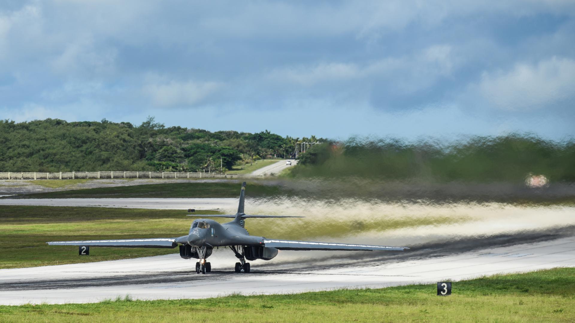 A US Air Force B-1B Lancer bomber takes off from Andersen Air Force Base, Guam.