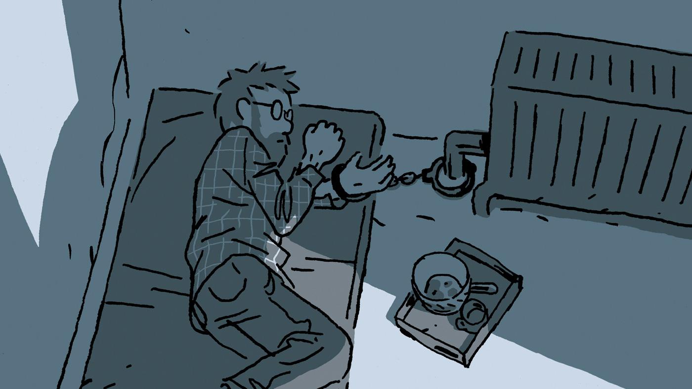 cover of Guy Delisle's new book, Hostage, showing the hostage handcuffed to a radiator