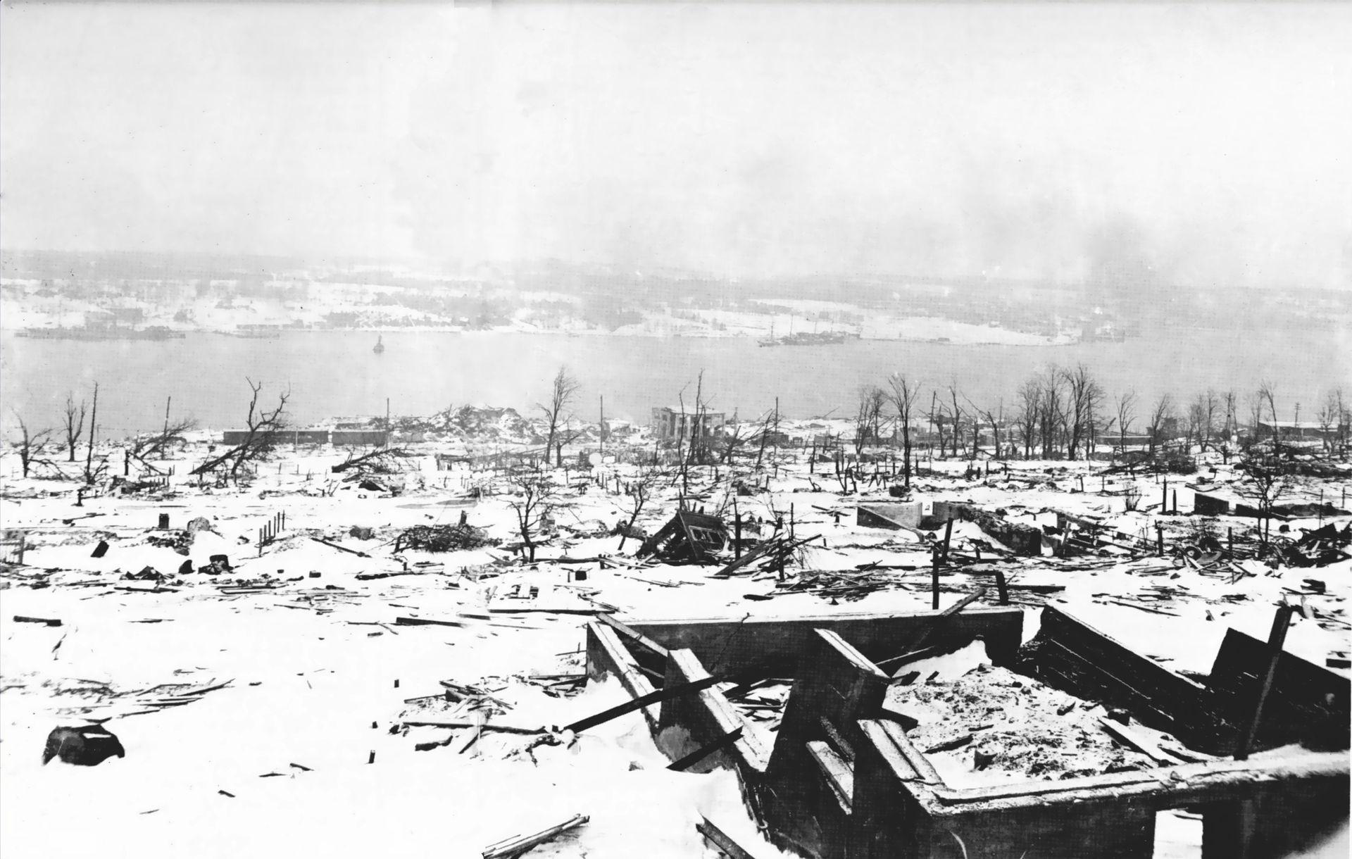 A view across the devastated city of Halifax, Nova Scotia after the Halifax Explosion, looking toward the harbor.