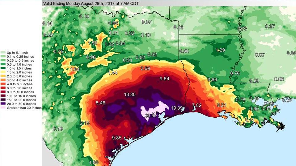 "So much rain has fallen," the National Weather Service tweeted about Harvey on Monday, "we've had to update the color charts on our graphics in order to effectively map it."