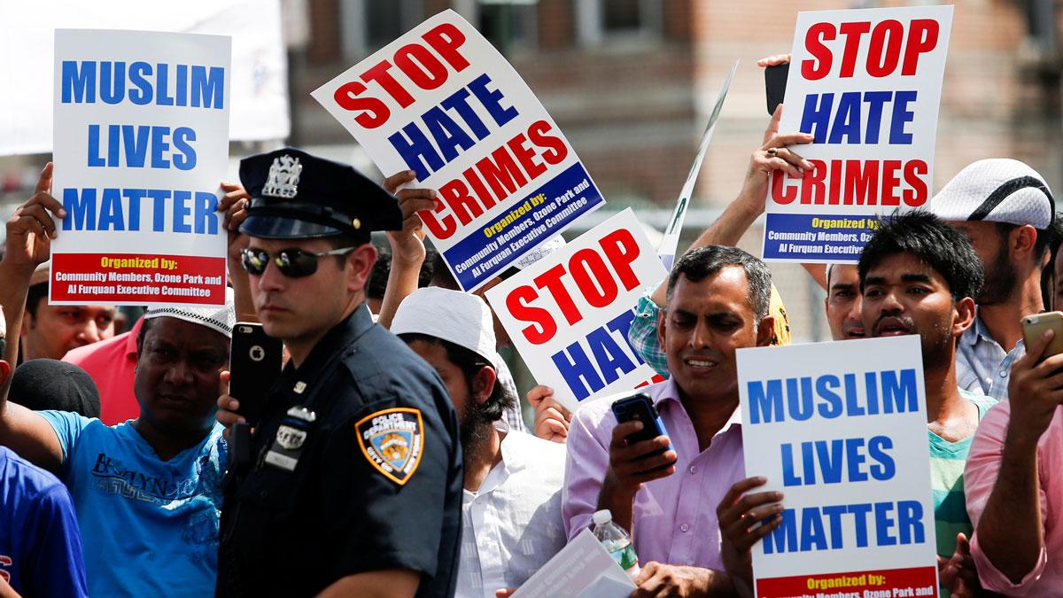 Community members take part in a protest to demand a stop hate crimes during the funeral service of Imam Maulama Akonjee, and Thara Uddin in New York City.