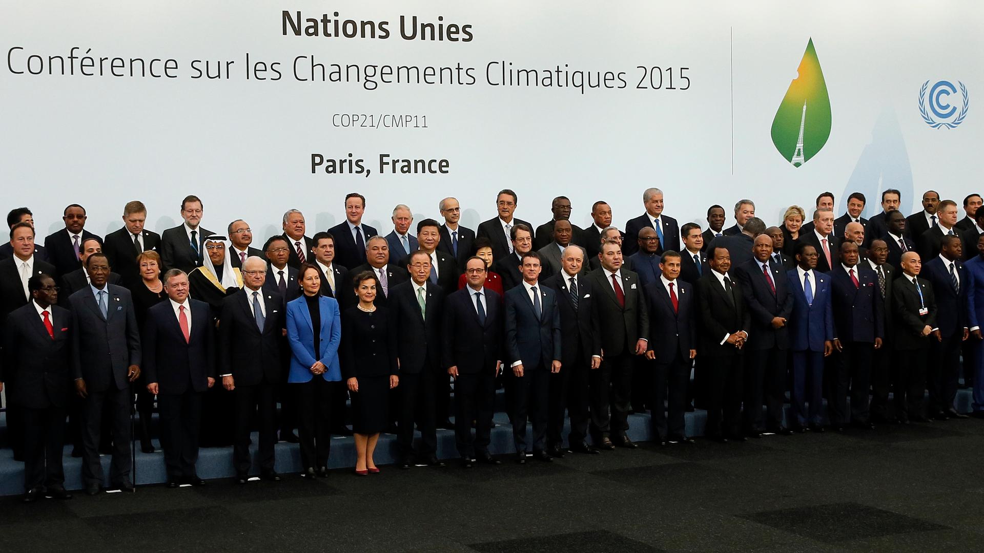 World leaders gather for a group photo at the Nov. 30 opening of the UN's global climate summit in Paris. The conference was supposed to adjourn today but with key parts of the text still to be nailed down, negotiations have been extended into the weekend