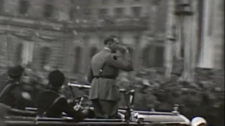 A still frame from a film shot by American doctor Ralph H. Major showing a German Nazi event in 1933 or 1934.