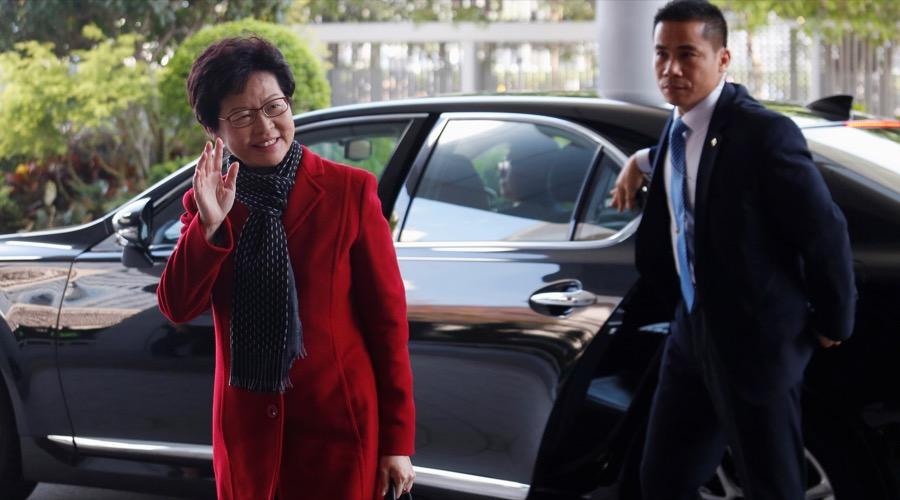 Newly elected Chief Executive Carrie Lam arrives to meet current leader Leung Chun-ying in Hong Kong on March 27.