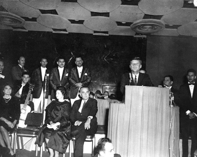President John F. Kennedy speaking to a group of Latinos at the Rice Hotel in Houston, Nov. 21st, 1963, the evening before he was killed.