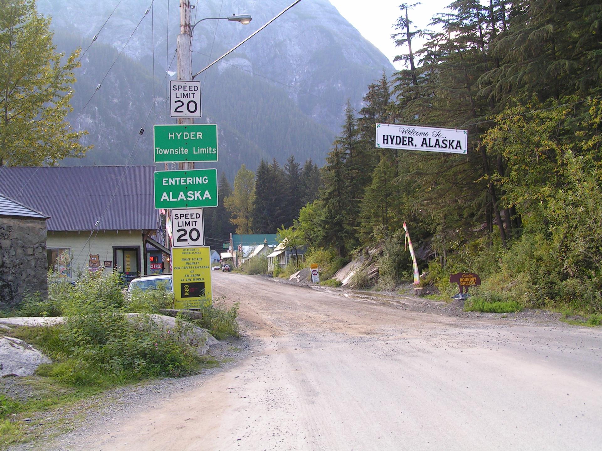 The border between Stewart, British Columbia and Hyder, Alaska as seen from the Canadian side.