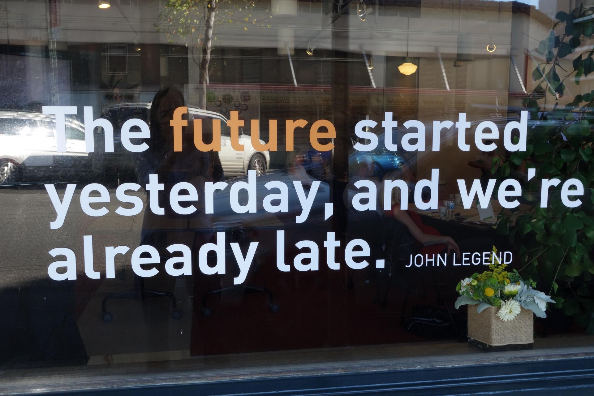 Institute for the Future grabs attention of passersby with slogans on its front windows in Palo Alto, CA. 