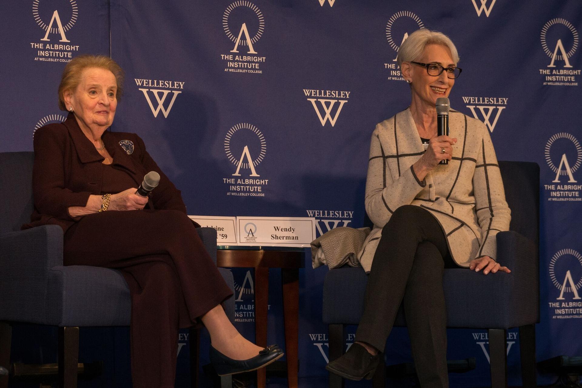 Former Secretary of State Madeleine Albright and Amb. Wendy Sherman speaking at Wellesley College. 