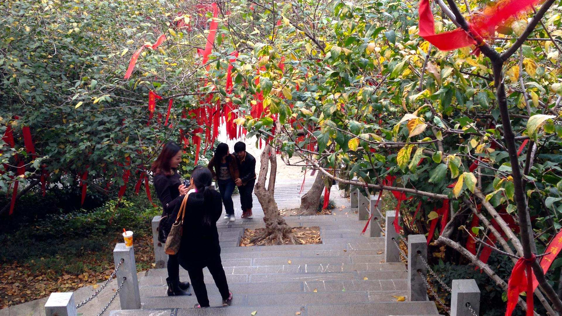 A shrine in Xuanwu Lake park in Nanjing is a popular spot where people submit personal wishes - written on red ribbons - to a higher power. 