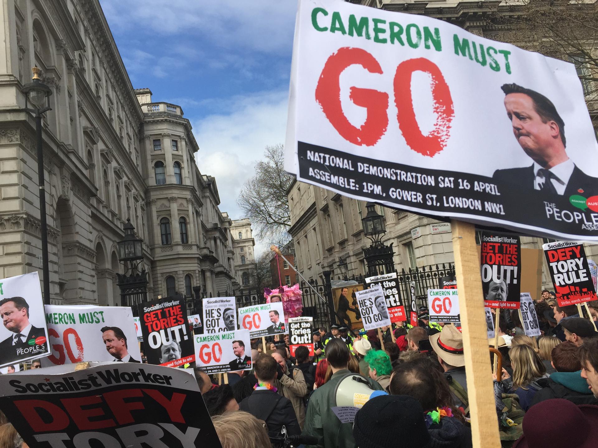 Thousands of people protest outside 10 Downing Street in London calling for the resignation of Prime Minister David Cameron. 