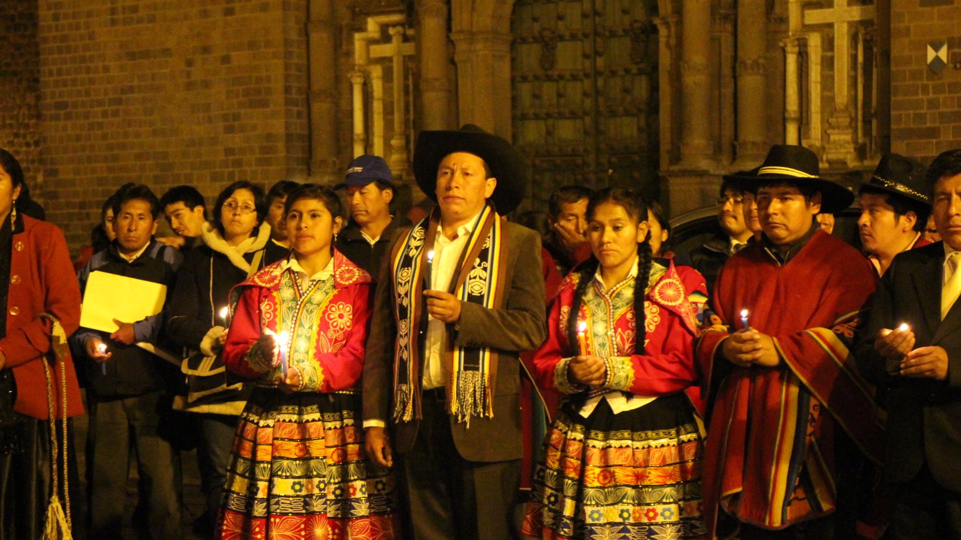 A group of indigenous mayors, historians and activists gather for a candlelight vigil in Cuzco's main square to commemorate the 235th anniversary of freedom fighter Tupac Amaru{s death, who was dismembered by Spanish colonists on the square.