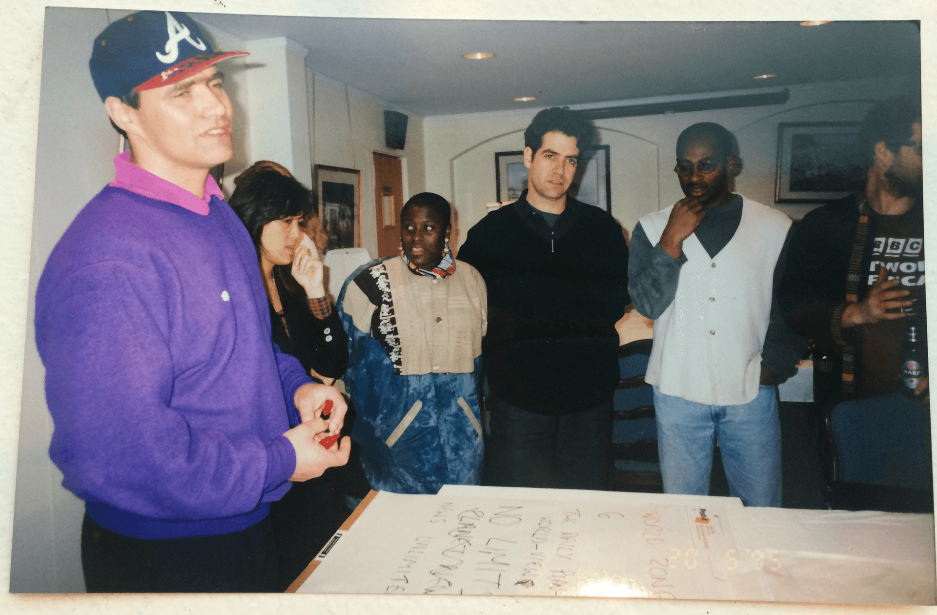 The World’s first executive producer Neil Curry, left, at a planning meeting before the show’s launch.  With him are Traci Tong, Ofeibea Quist-Arcton, Marco Werman, Philip Martin and Boris Maksimov.