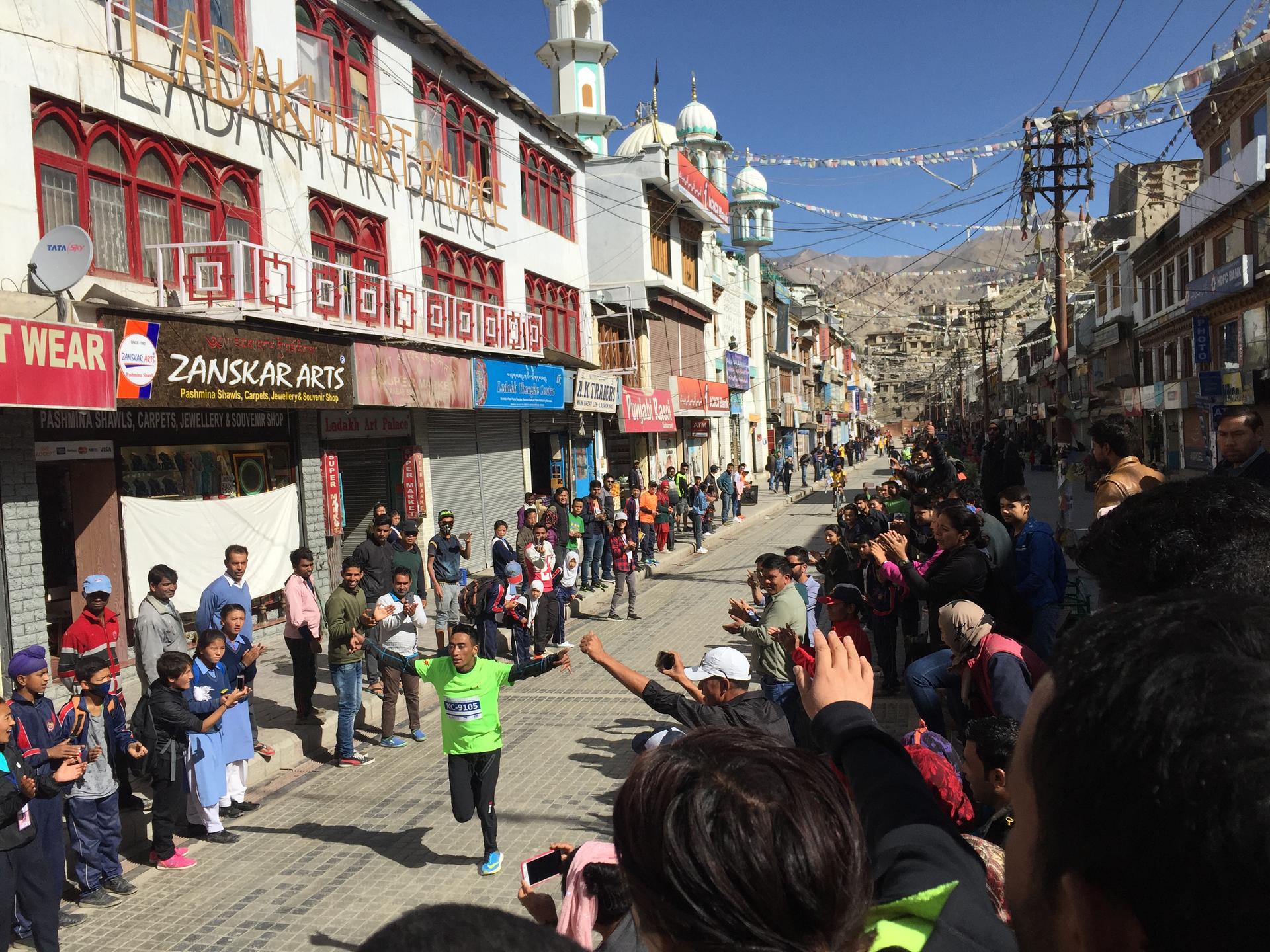 Shabbir Hussain reaches the finish line of the Khardung La Ultra Marathon, coming in first with a time of 6 hours and 23 minutes.