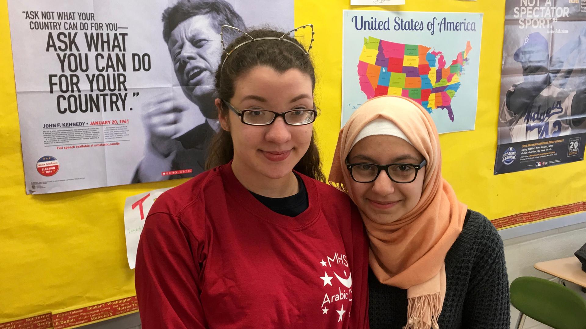 Naiara Zerlotini (left) and Sophia Chalabi were disappointed when Hijab Day at Medford High School was called off.