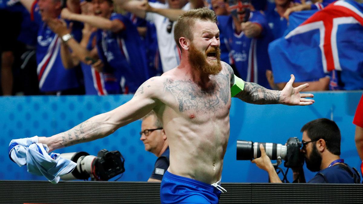 Iceland's Aron Gunnarsson celebrates after the the Euro 2016 - Round of 16 game against England in Nice, France.