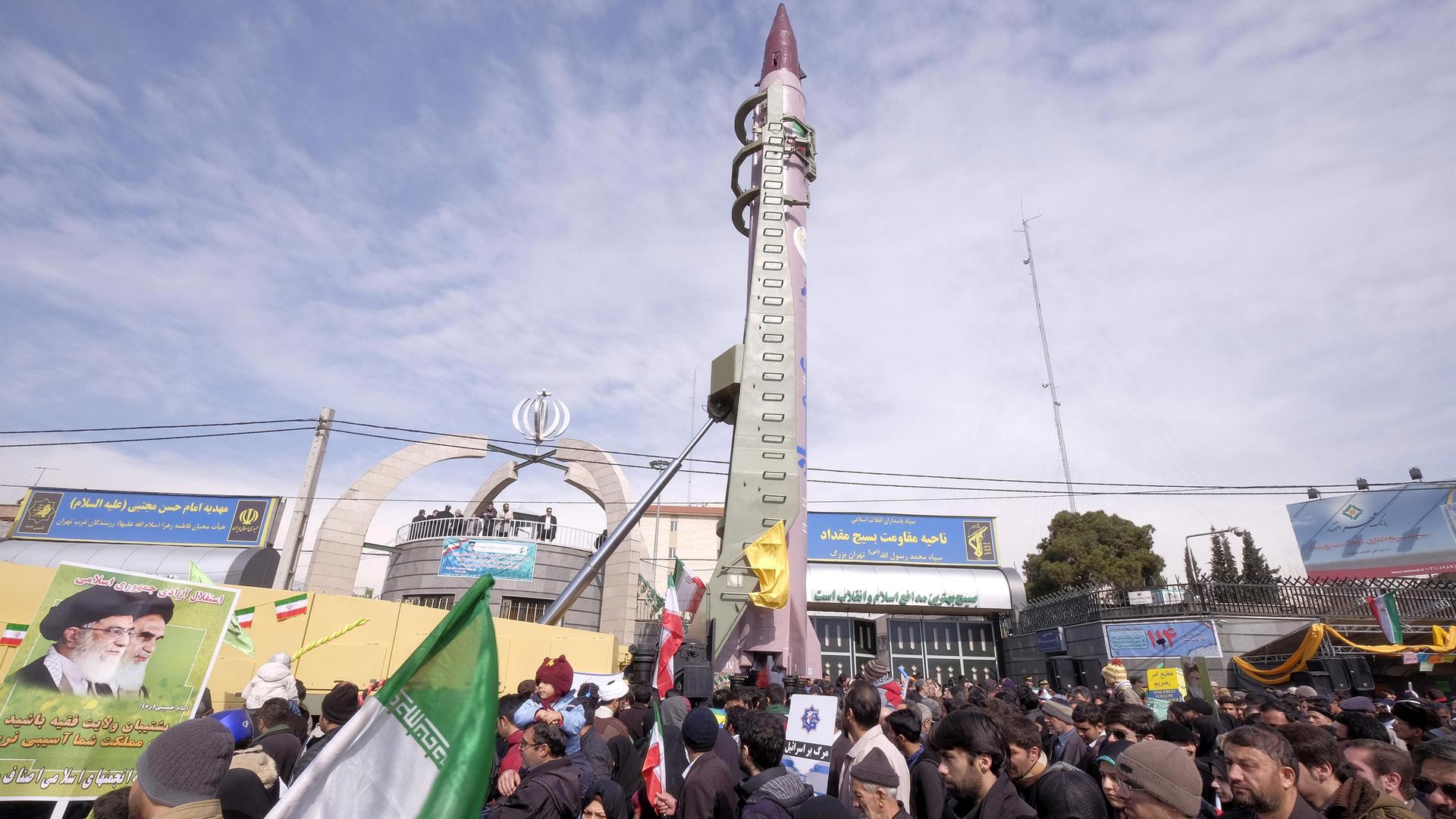 An Iranian-made Emad missile is displayed during a ceremony marking the 37th anniversary of the Islamic Revolution