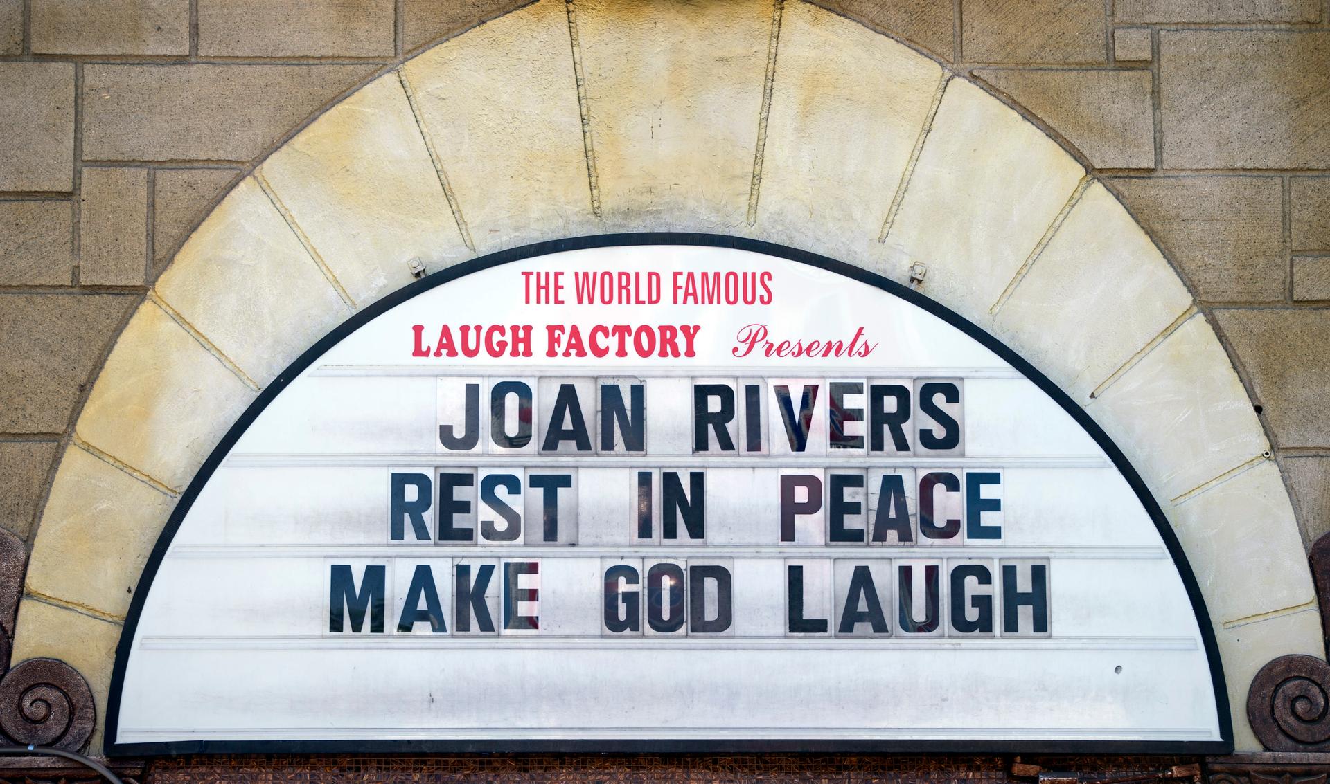 A marquee put up in honor of comedian Joan Rivers at The Laugh Factory comedy club in Los Angeles, California. Rivers, the pioneering comedian known for her acerbic wit, classic put-downs and for asking "Can we talk?," died on Thursday at the age of 81.