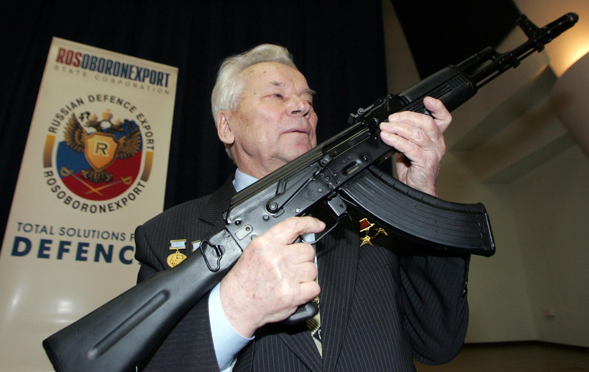 Mikhail Kalashnikov, the designer of the AK-47 assault rifle, an acronym for "Avtomat Kalashnikov model 1947", indicating its first year of production.