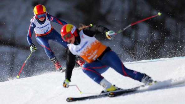 Kelly Gallagher of Great Britain and guide Charlotte Evans in the Women's Super-G - Visually Impaired during day three of Sochi 2014 Paralympic Winter Games.
