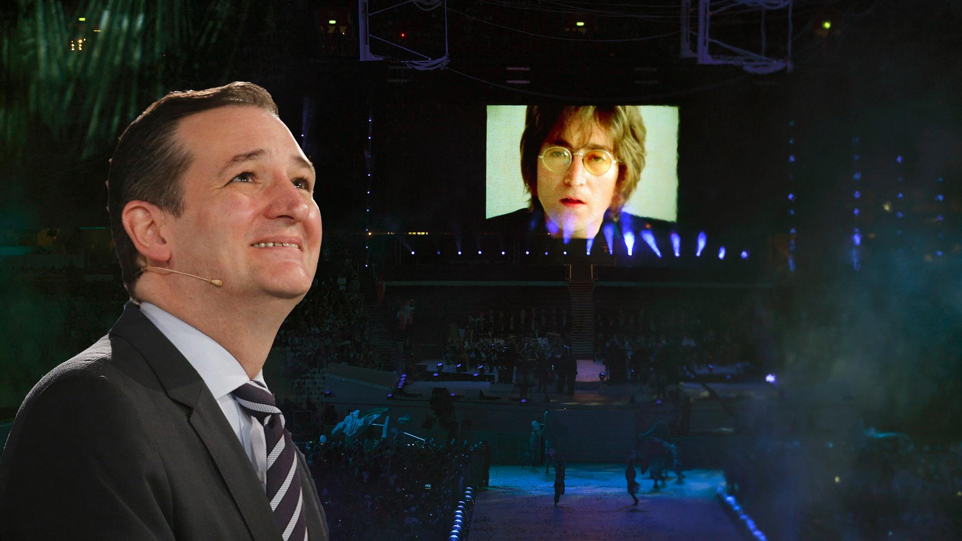 Photo illustration of Sen. Ted Cruz and a video of musician John Lennon singing his song "Imagine".