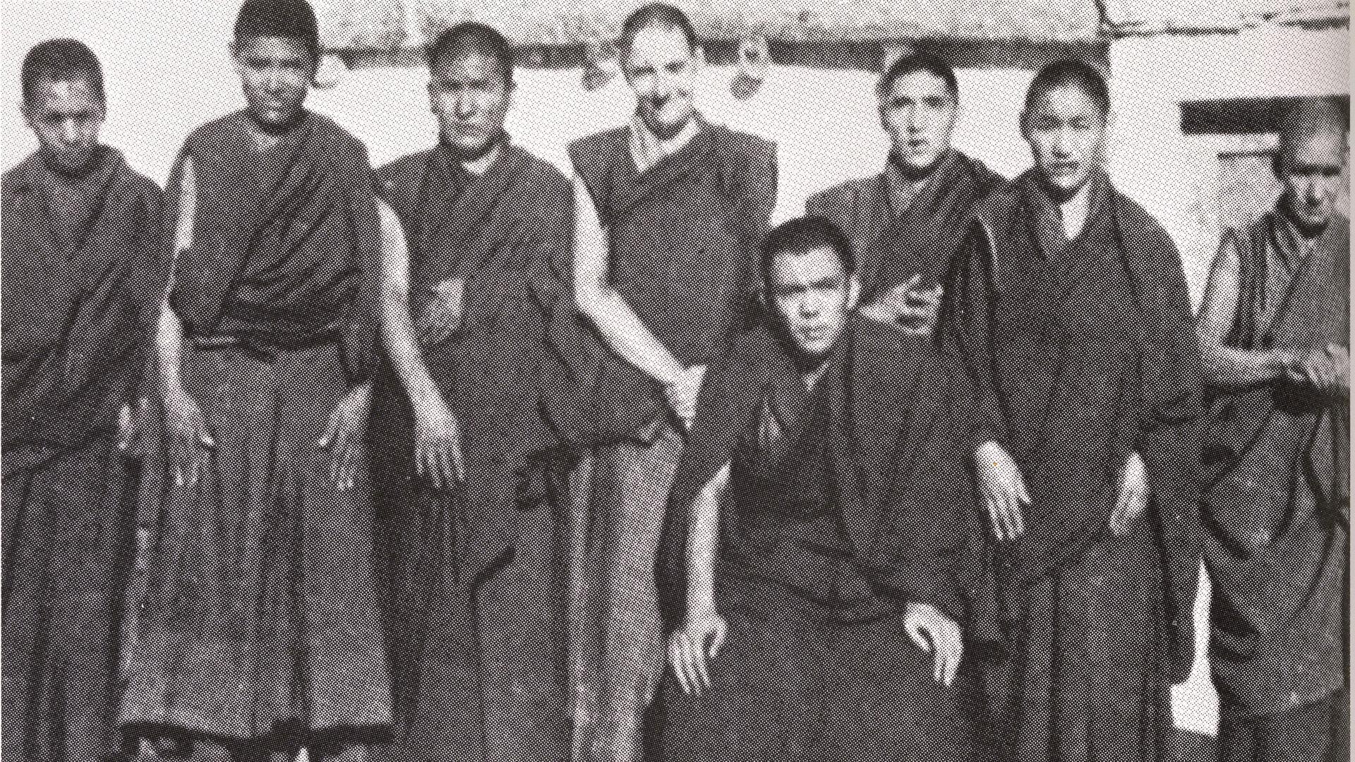 Lobzang Jivaka (fourth from left) at Rizong Monastery in Ladakh, northern India, with some of his fellow monks, in 1960.