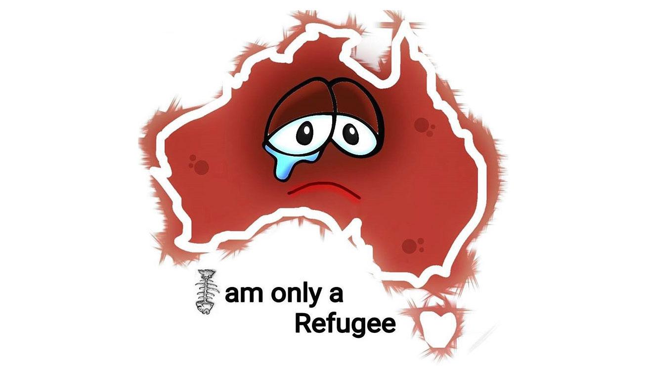 a cartoon drawn by cartoonist Eaten Fish that shows a map of Russia with a sad face, a tear in one eye and the words "I am only a refugee" wit the "I" in the shape of a fishbone.