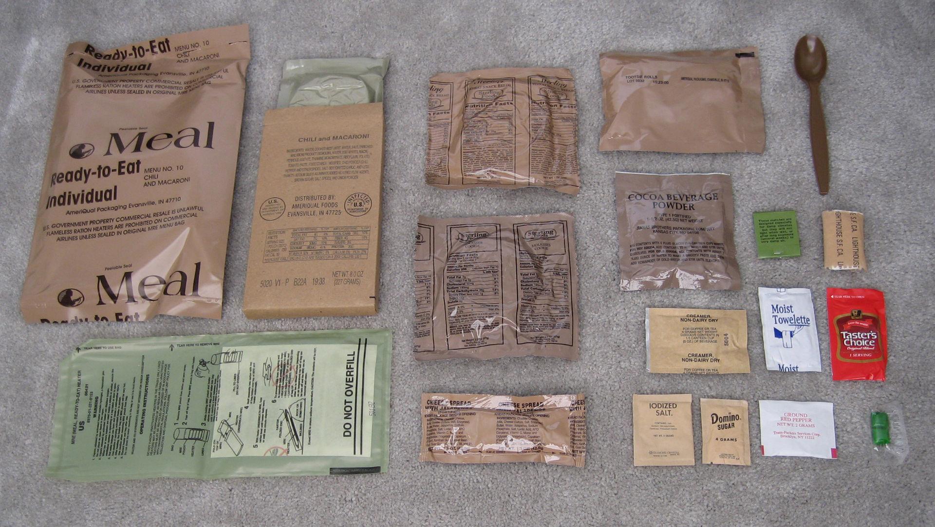 The contents of an MRE (Meals Ready to Eat)