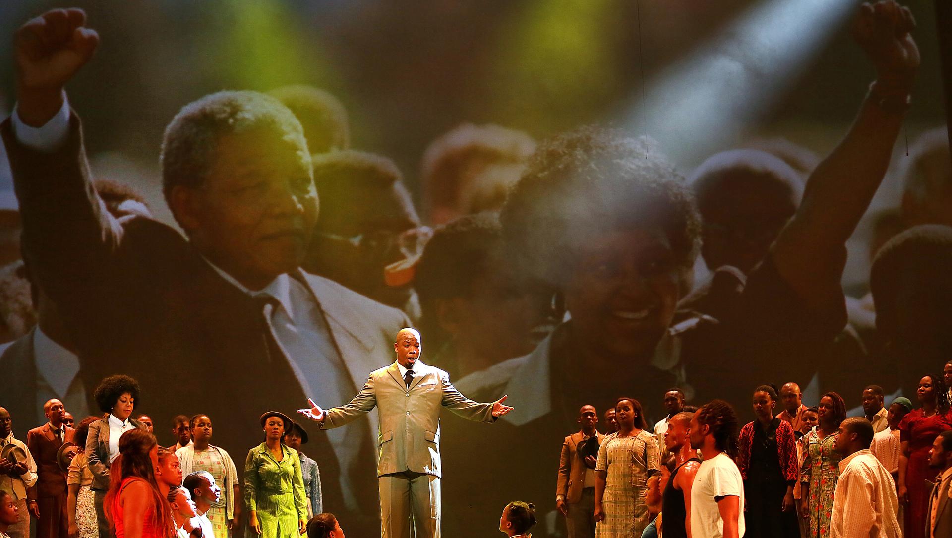 Thabang Senekal during a performance of "Madiba: The African Opera" at South Africa's State Theatre in Pretoria on May 22, 2014.  The opera focuses on Nelson Mandela's  upbringing in the rural town of Qunu on the Eastern Cape and how and why he left that 