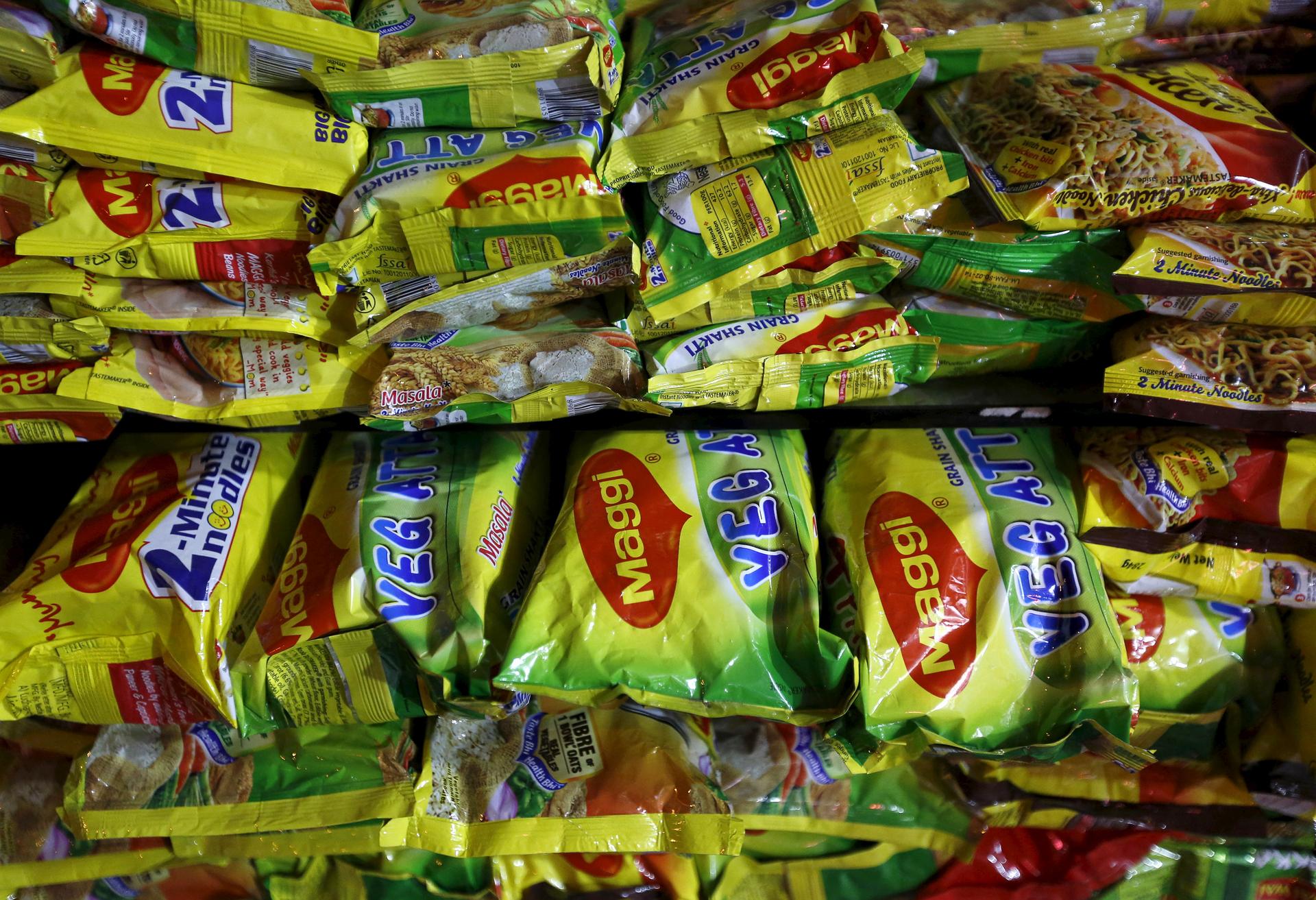 Maggi instant noodles are seen on display at a grocery store in Mumbai. On June 5th the Indian government issued a nationwide recall of the instant noodle brand over after regional food inspectors said the test batches of the popular snack were found to c