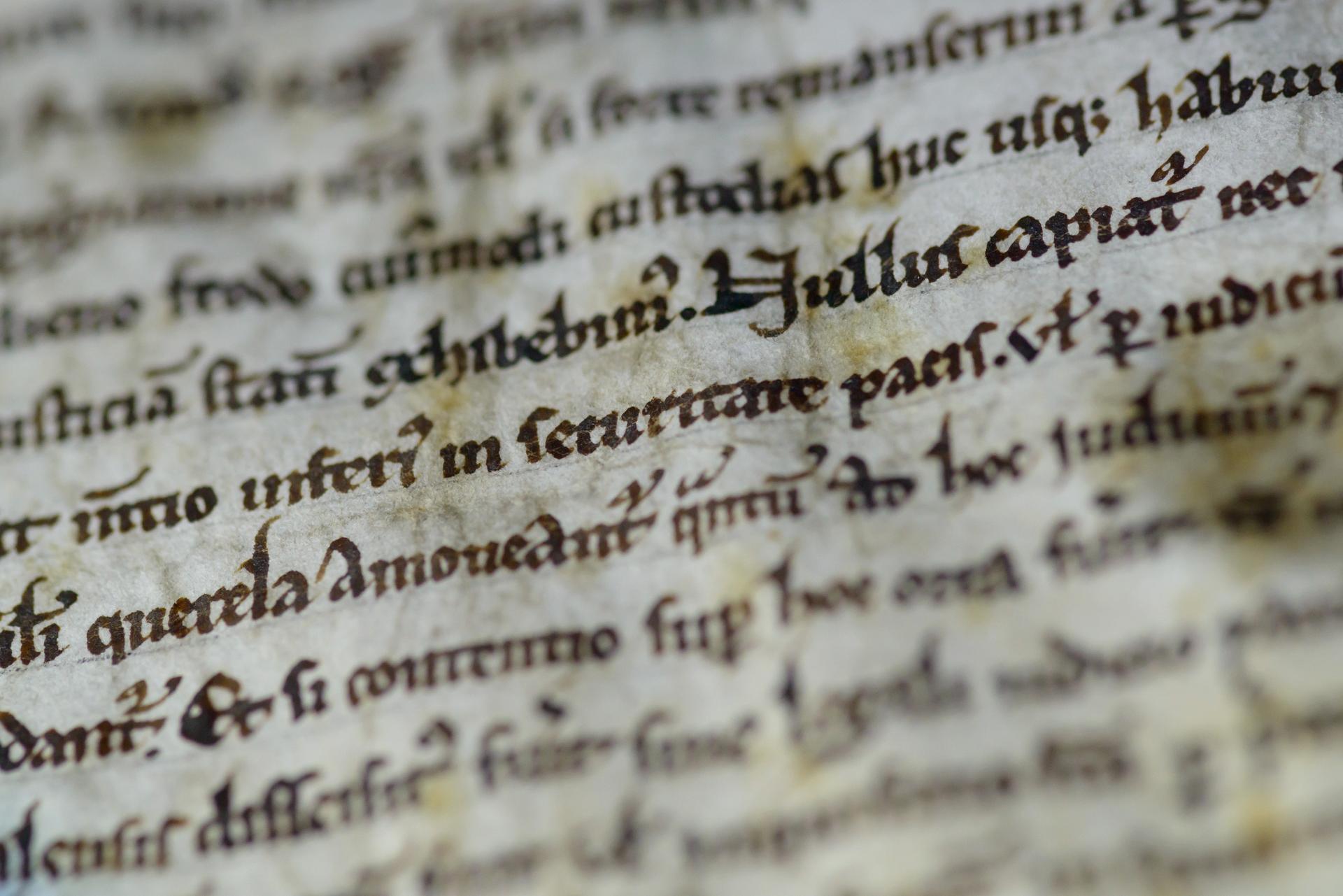 Magna Carta 1215 at Salisbury Cathedral - close up of part of the text - credit Ash Mills