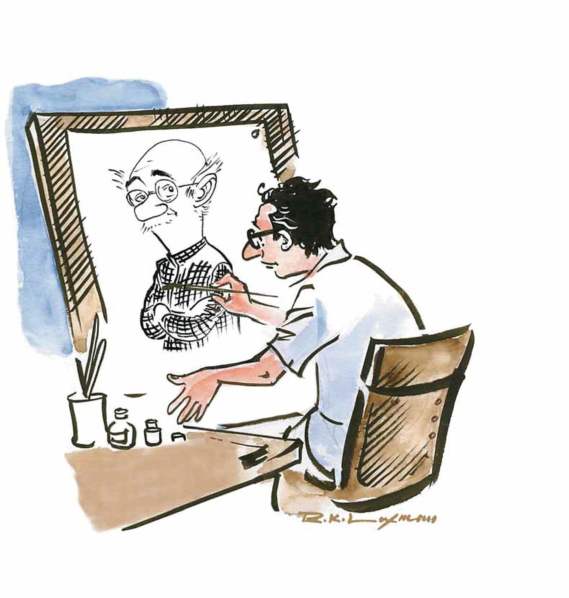 Indian cartoonist R.K. Laxman draws himself drawing his iconic character, The Common Man. Laxman 's political cartoons cover India's first 60 years of independence.