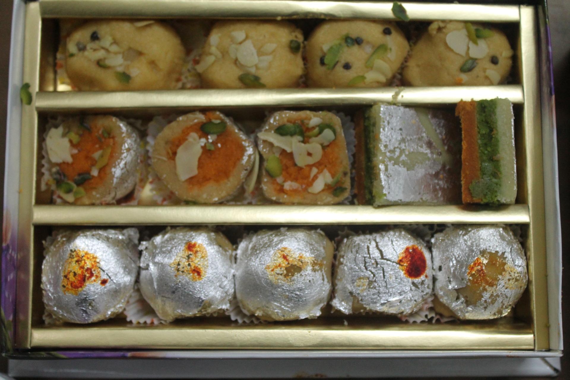 A box of Mithai, the sweets that are an ever-present staple of social life in India.