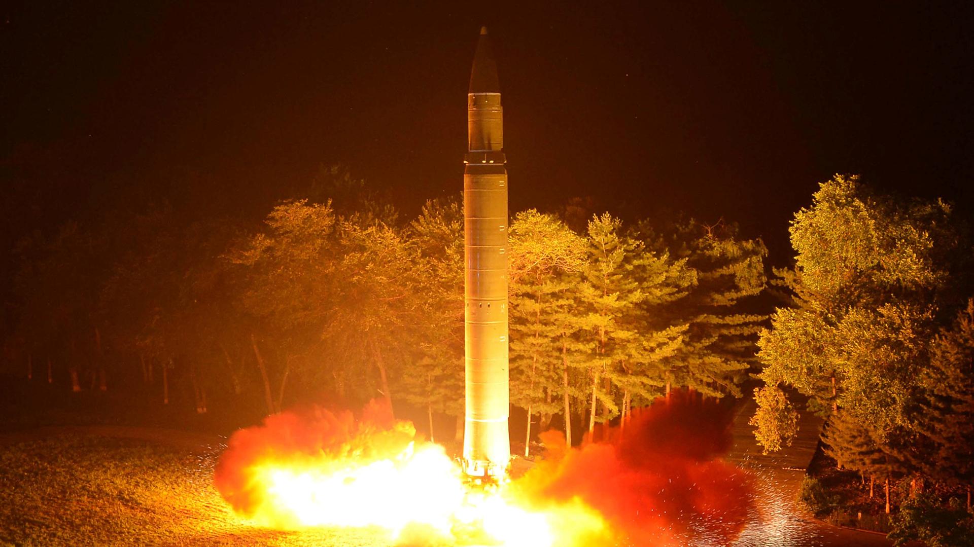 Intercontinental ballistic missile Hwasong-14 is pictured in North Korea.