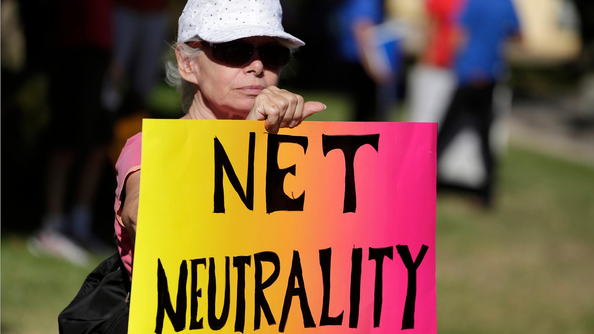 Lori Erlendsson attends a pro-net neutrality Internet activist rally in Los Angeles.