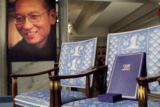 Liu Xiaobo's empty chair at 2010 Nobel Peace Prize Ceremony in Oslo, Norway; Liu was in a Chinese prison.