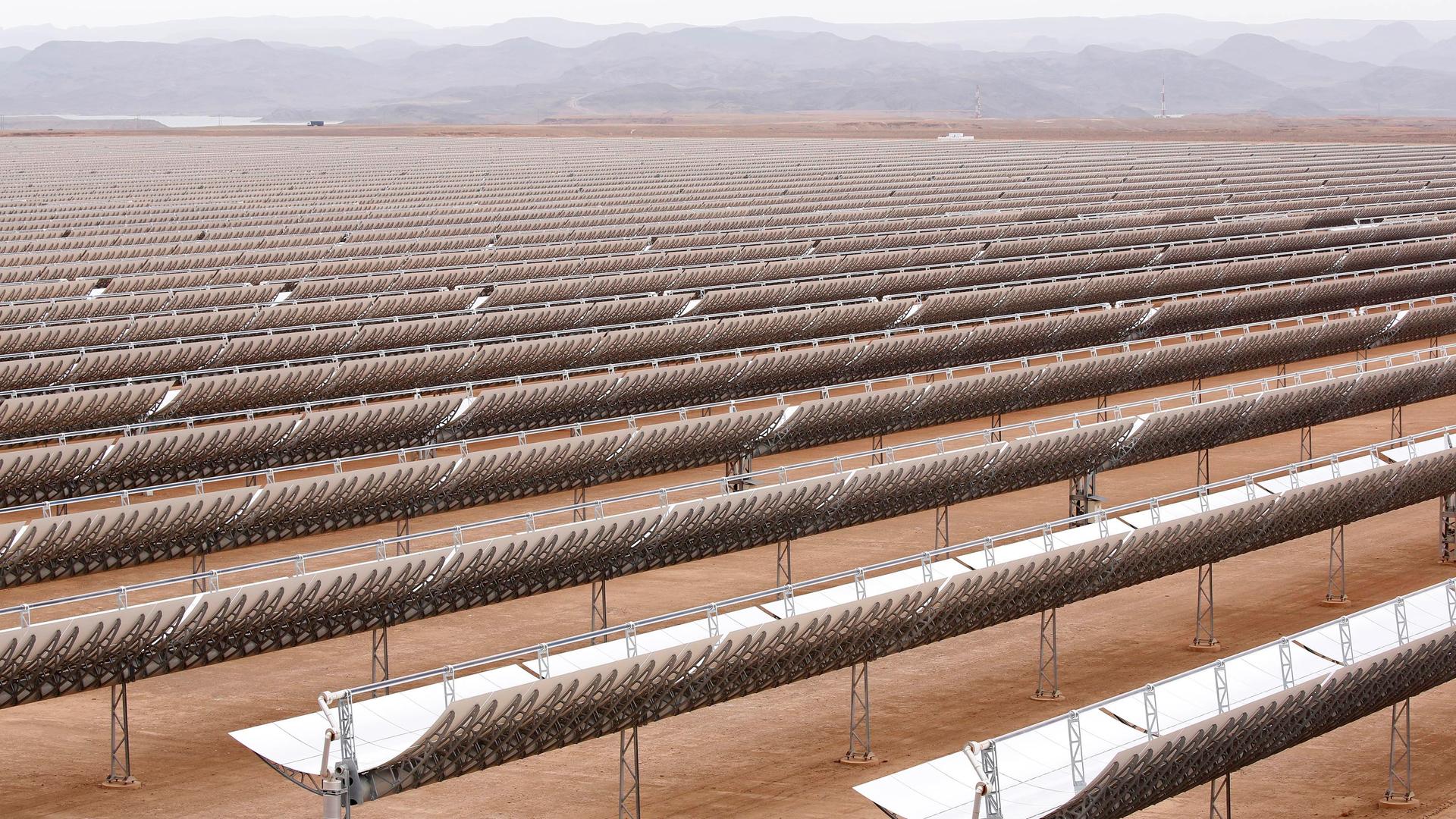 A vast array of curved mirrors at the Noor Concentrated Solar Power plant near Ouarzazate, Morocco. The massive facility is part of an agressive effort to develop renewable power in Morocco.