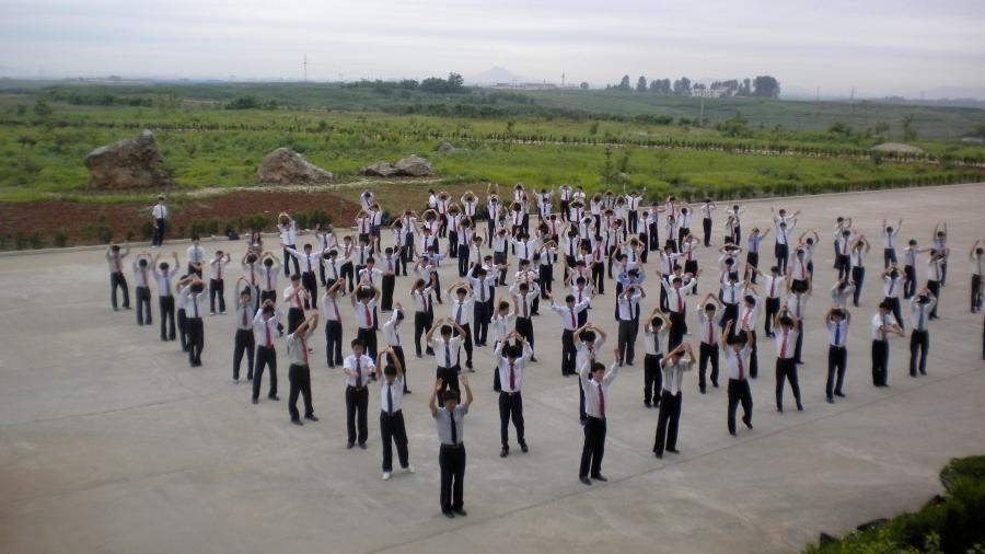 Students at the Pyongyang University of Technology doing their morning exercise.
