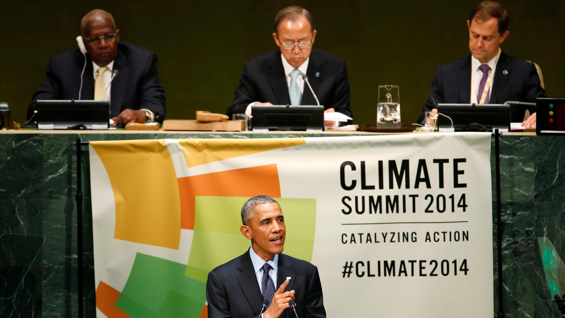 President Barack Obama addresses the Climate Summit at UN headquarters in New York on September 23, 2014. Obama touted American commitments to cut greenhouse pollution, but international agreements have been undercut by sharp internal divisions in the US