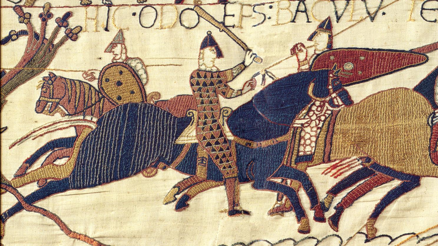 A section of the Bayeux Tapestry depicting a scene in the decisive Battle of Hastings in 1066